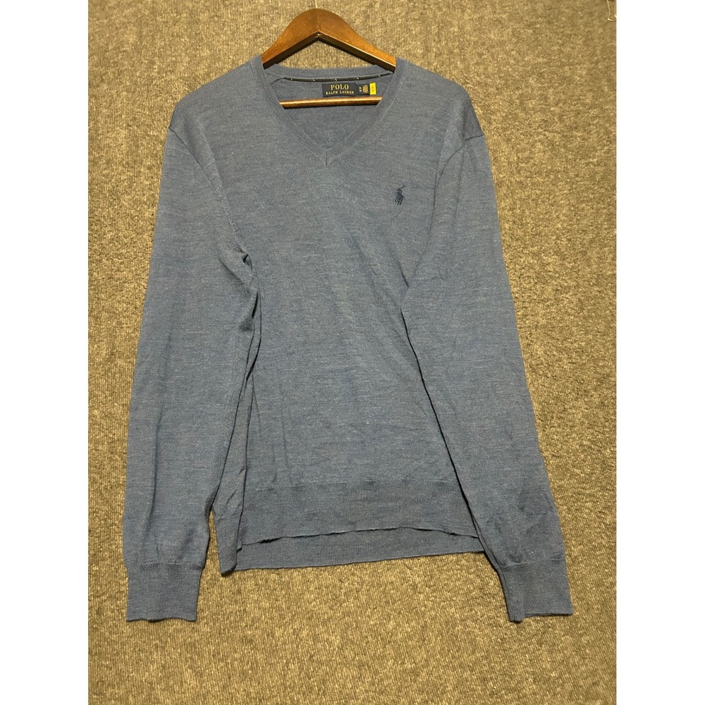 Polo ralph lauren v neck sweater washable Merino wool blue pony pullover XL